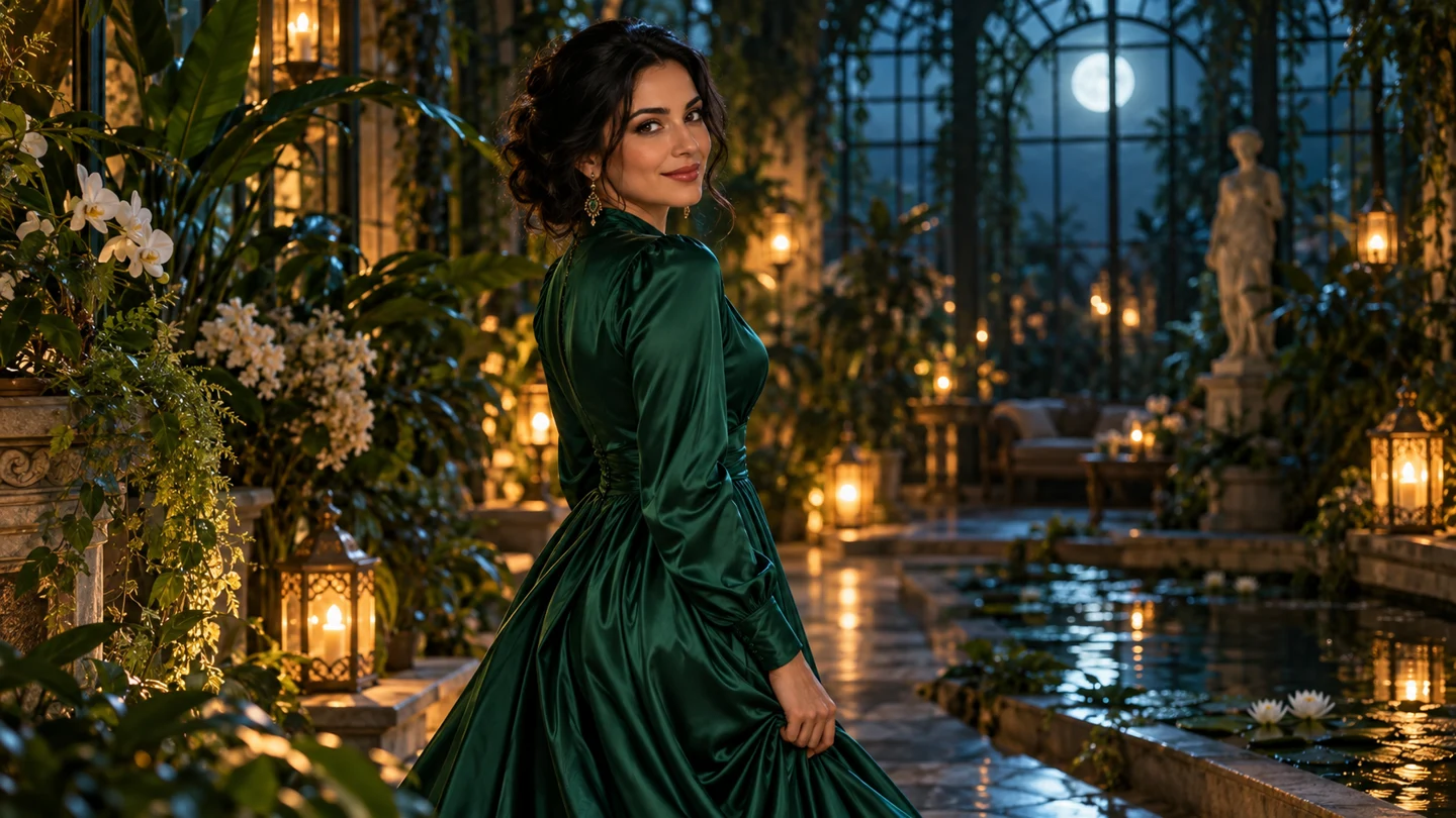 Adult model in an emerald gown in a moonlit botanical conservatory